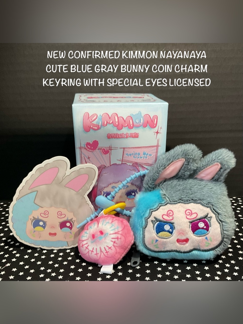 New Confirmed Kimmon Nayanaya Blue-Gray Bunny Coin Pouch Plush Keyring Charm